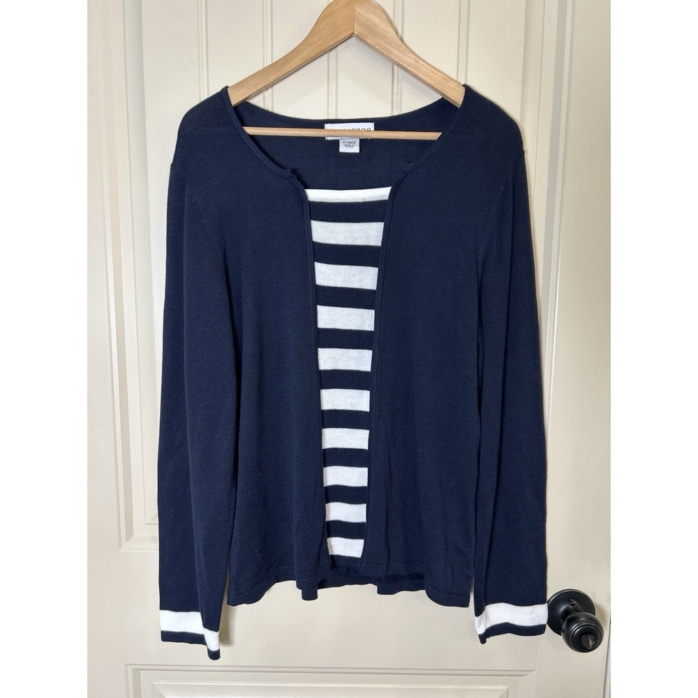 Sag Harbor Women's Cardigan Sweater Top Sz XL Navy White Nautical Preppy Career